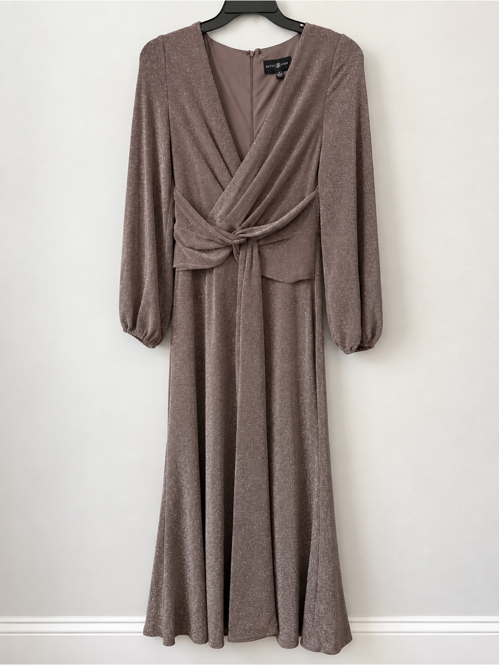 Betsy & Adam Taupe Shimmer Long Sleeve Faux-Wrap Maxi Dress